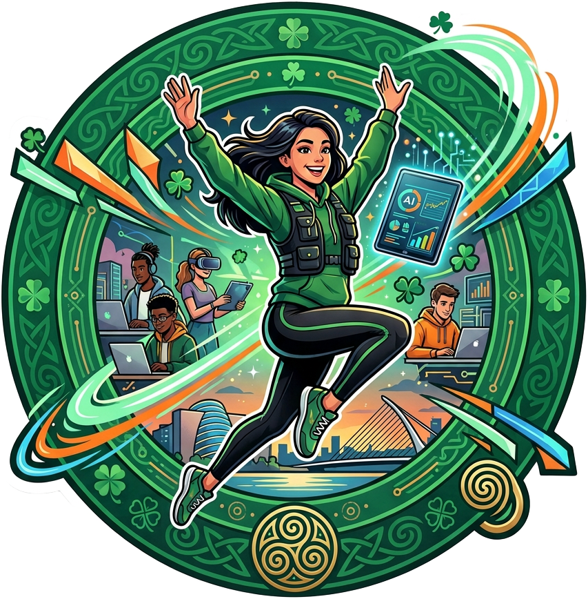 Irish dancer leaping through a Celtic circle of technology and creativity