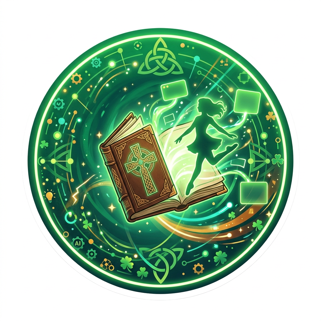 Glowing AI playbook with an Irish dancer leaping through a Celtic circle